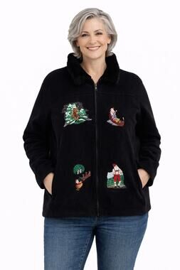 Nick & Sarah Christmas Black Full Zip Fleece Jacket Embroidered Womens 2x